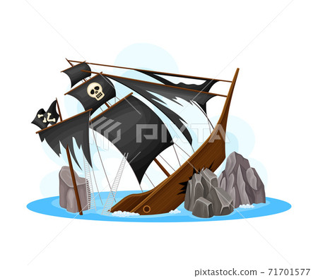 Wreckage of Pirate Ship or Vessel with Ripped Black Sail Vector Illustration 71701577