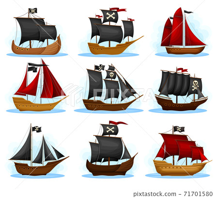 Pirate Ship or Vessel with Black and Red Sail and Skull on It Vector Set 71701580