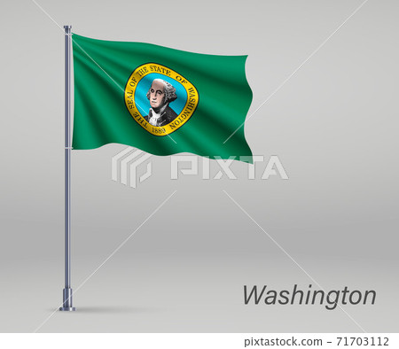 Waving flag of Washington - state of United States on flagpole. 71703112