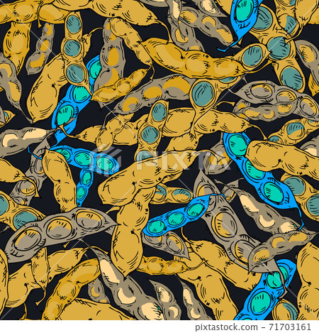 Seamless pattern realistic bean pods hand drawn in line art style. Colorful bean pods isolated on black background. Ideal for the design of fabrics, packaging materials, organic farm products. Vector Seamless pattern realistic bean pods hand drawn in line art style. Colorful bean pods isolated on black background. Ideal for the design of fabrics, packaging materials, organic farm products. Vector 71703161