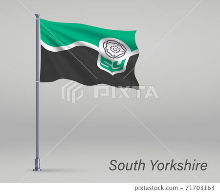 Waving flag of South Yorkshire - county of England on flagpole. Waving flag of South Yorkshire - county of England on flagpole. 71703163
