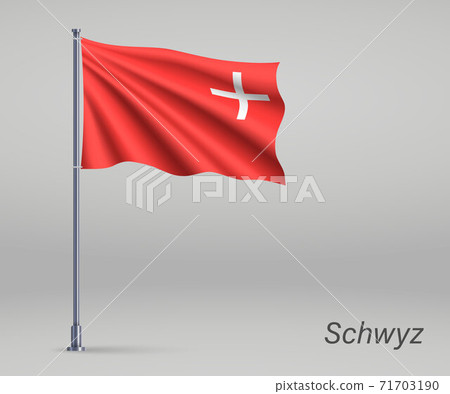 Waving flag of Schwyz - canton of Switzerland on flagpole. Templ 71703190
