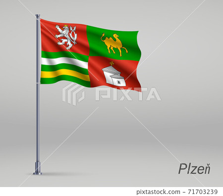 Waving flag of Plzen - region of Czech Republic on flagpole. Te 71703239