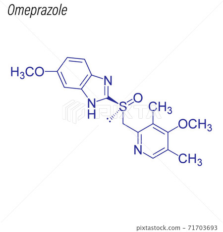 Vector Skeletal formula of Omeprazole. Drug chemical molecule. Vector Skeletal formula of Omeprazole. Drug chemical molecule. 71703693