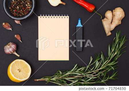 Ingredients with copy space for recipe of cooking on black background. 71704830
