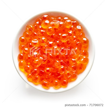 Bowl of red caviar isolated on white, from above 71706072