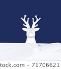 Contemporary collage. 3D illustration. Christmas background with a white deer in the snow on a blue background. 71706621