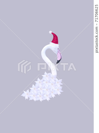 Contemporary collage. 3D illustration. Abstract Christmas background with white flamingos in a red cap on a gray background. 71706625