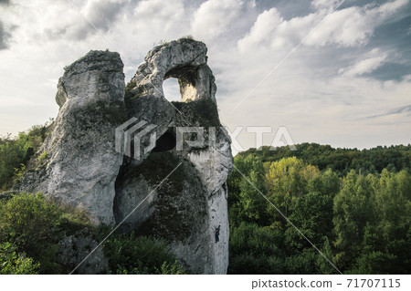 Limestone rocks Okiennik Wielki on Jura Krakowsko-Czestochowska, Silesia, Poland  71707115