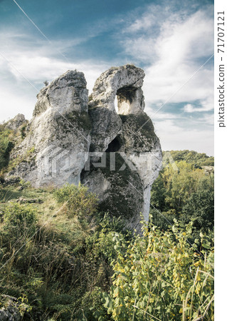 Limestone rocks Okiennik Wielki on Jura Krakowsko-Czestochowska, Silesia, Poland  71707121