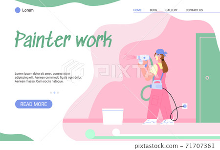 Vector landing page template with female painter performing paint walls indoors. 71707361