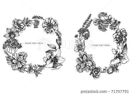 Floral Wreath of black and white anemone, lavender, rosemary everlasting, phalaenopsis, lily, iris 71707791