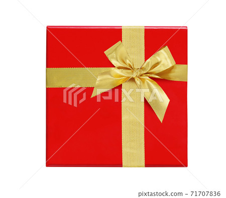 Red Gift box with gold ribbon and bow isolated on white. Red Gift box with gold ribbon and bow isolated on white. 71707836