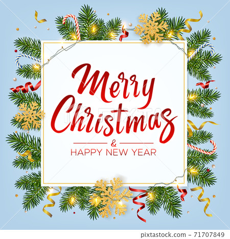 Christmas background with lettering Merry Christmas, realistic pine branches, shining garlands, gifts box, candy, serpentine, glitter gold snowflake. New Year greeting card, poster, postcard, banner 71707849
