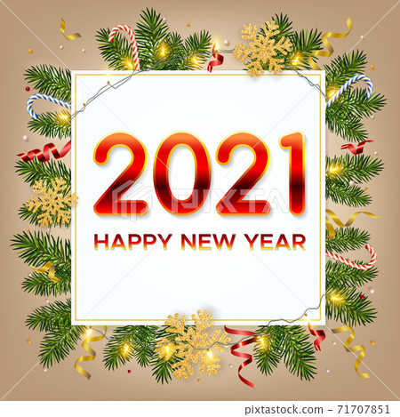New Year 2021 background with pine branches, golden snowflakes, shining garlands, candy canes and tinsel. Template for Christmas and New Year poster, postcard, banner for winter and new year holidays New Year 2021 background with pine branches, golden snowflakes, shining garlands, candy canes and tinsel. Template for Christmas and New Year poster, postcard, banner for winter and new year holidays 71707851