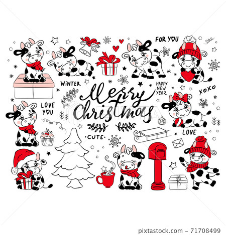BULL CHRISTMAS COLLECTION New Year Merry Christmas Cute Animal Cartoon Holiday Vacation Winter Hand Drawn Clip Art Vector Illustration Set For Print 71708499