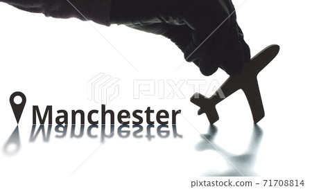 Manchester text, geotag and airplane silhouette, air transport concept Manchester text, geotag and airplane silhouette, air transport concept 71708814
