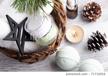 Beauty product in basket in Christmas SPA composition 71710858