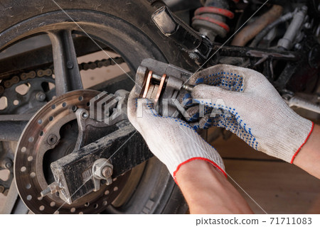 The process of replacing brake pads on a motorcycle. 71711083