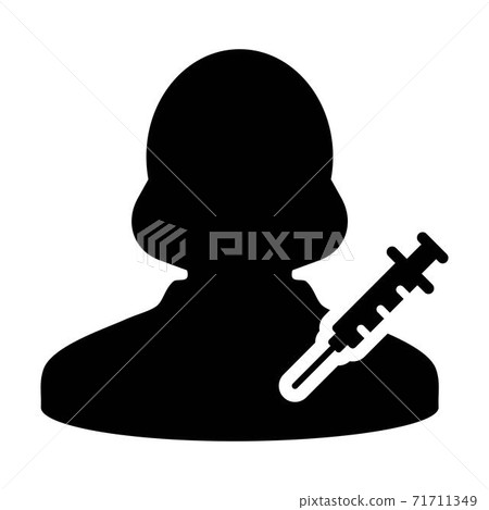 Medical icon vector with vaccine syringe female user person profile avatar symbol for healthcare in a glyph pictogram illustration 71711349