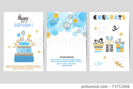 Happy Birthday cards set in blue and golden colors. Happy Birthday cards set in blue and golden colors. 71712606