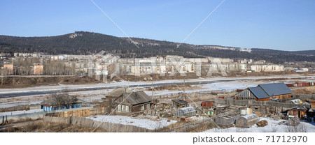 Panorama of the settlement of Ust-Kut on the Lena river in November. Panorama of the settlement of Ust-Kut on the Lena river in November. 71712970