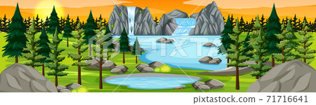 Nature park with waterfall landscape panorama at sunset scene 71716641