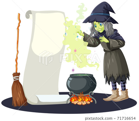 Ugly witch with black magic pot and broomstick and blank banner paper cartoon style isolated on white background 71716654