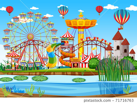 Amusement park with swamp scene at daytime with... - Stock Illustration ...