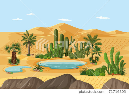 Desert oasis with palms and cactus nature landscape scene Desert oasis with palms and cactus nature landscape scene 71716803