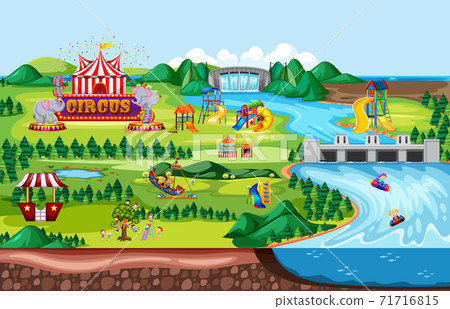 Theme amusement park landscape scene and many... - Stock Illustration ...