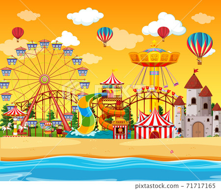 Amusement park with beach side scene at daytime with balloons in 71717165