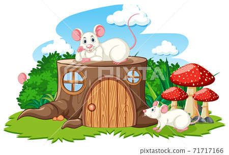 Stump house with white mouse cartoon style on white background 71717166