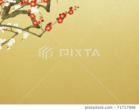 Japanese-style background of red and white plum and gold leaf-There are multiple variations 71717986