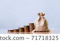 Coins in sack and coins stack. 71718325