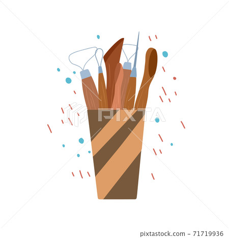 Colored flat illustration of wood tools for pottery and sculpting in cup on abstract background. Hobbies and workshop. Vector cartoon element Colored flat illustration of wood tools for pottery and sculpting in cup on abstract background. Hobbies and workshop. Vector cartoon element 71719936