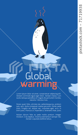 Global warming. Vertical card with cartoon doodle illustration of sad penguin on melting cracked ice. World problem. The threat of extinction of rare animals. Vector template 71719938