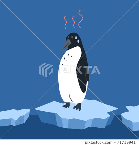 Global warming. Cartoon doodle illustration of a sad fries penguin on melting cracked ice with water drops. World problem. The threat of extinction of rare animals. Global warming. Cartoon doodle illustration of a sad fries penguin on melting cracked ice with water drops. World problem. The threat of extinction of rare animals. 71719941