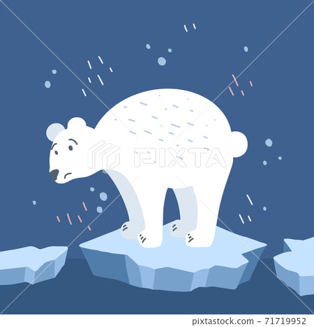 Global warming. Cartoon doodle illustration of a sad bear on melted ice with snow decoration. World problem. 71719952