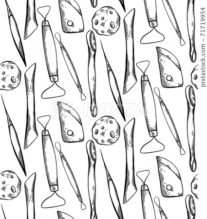 Seamless pattern with sketch tools for pottery with hatching on white background. Hobbies and workshop. Cutter, wire, sponge. Vector textile Seamless pattern with sketch tools for pottery with hatching on white background. Hobbies and workshop. Cutter, wire, sponge. Vector textile 71719954