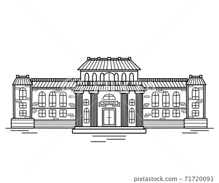 Contour illustration of the facade of the museum building. Historic building with columns. Vector black and white outline object Contour illustration of the facade of the museum building. Historic building with columns. Vector black and white outline object 71720091