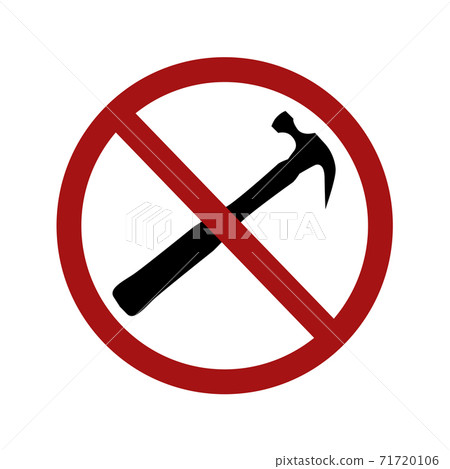 Black silhouette of hammer in red prohibition sign. The ban on noise and repairs. Icon isolated on a white background. Vector element Black silhouette of hammer in red prohibition sign. The ban on noise and repairs. Icon isolated on a white background. Vector element 71720106