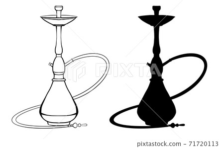 Set of contour and black silhouette of hookahs isolated on a white background. Rest and relaxation. Vector object Set of contour and black silhouette of hookahs isolated on a white background. Rest and relaxation. Vector object 71720113