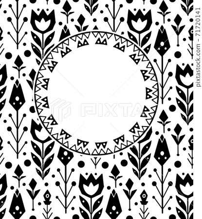 Vertical floral card with round frame and place for text. Tribal black pattern on a white background. Tulips and branches with leaves. Vector native template 71720141