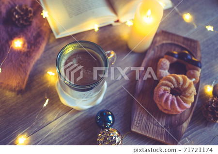 Christmas season treats, donuts, coffee, cocoa, Christmas trees, glasses 71721174