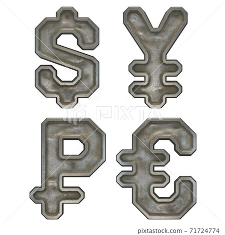 Set of symbols dollar, yen, rouble and euro made of industrial metal on white background 3d Set of symbols dollar, yen, rouble and euro made of industrial metal on white background 3d 71724774