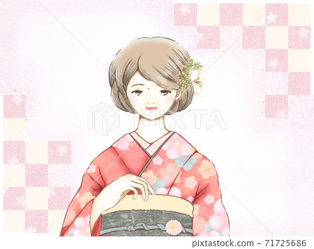 年輕的女人,穿著鞦韆和格子背景成人儀式新年 年輕的女人,穿著鞦韆和格子背景成人儀式新年 71725686
