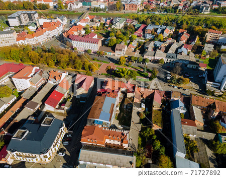 Drone aerial view city Uzhgorod in the residential area in Zakarpattya Drone aerial view city Uzhgorod in the residential area in Zakarpattya 71727892