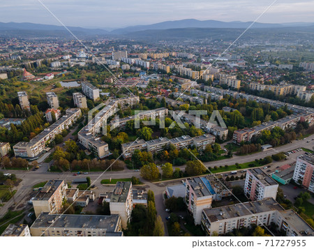 Drone aerial view in the residential area on Uzhhorod city Zakarpattya 71727955