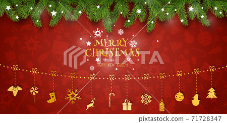 Christmas Vector Composition. Holiday Wishes on Red Background with Fir Branches Christmas Vector Composition. Holiday Wishes on Red Background with Fir Branches 71728347